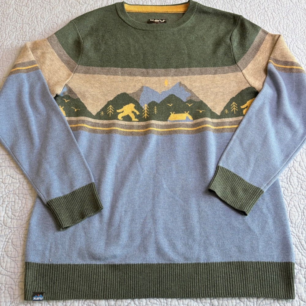 KAVU Mens Bigfoot Sasquatch Mountain Landscape Intarsia Knit Sweater Blue Green